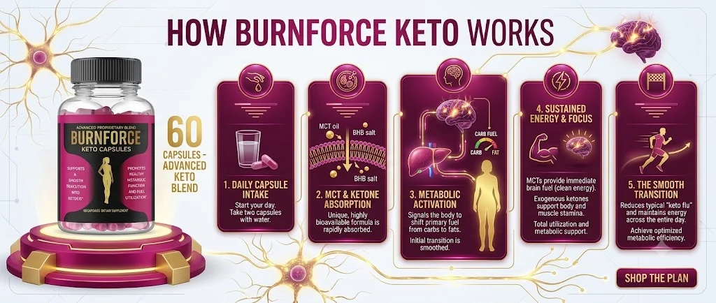 How BurnForce Keto works: daily capsule intake, MCT and ketone absorption, metabolic activation, sustained energy and focus, smooth transition